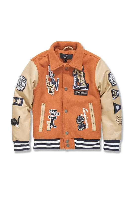 Kids Carpe Diem Varsity Jacket (Burnt Orange) Laid Laid