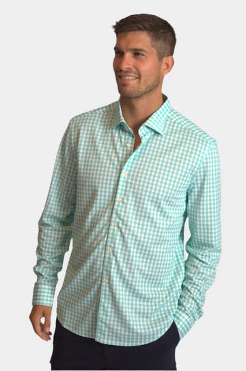 Mauro Long Sleeve Check Tech Shirt - Emerald Dapper Men's Bow Dapper Men's Bow