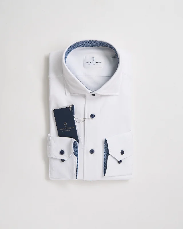 Modern Fit 'Albini 4 Flex' Solid White Stretch Knit Shirt With Navy Buttons Artistic Men's Hand Artistic Men's Hand