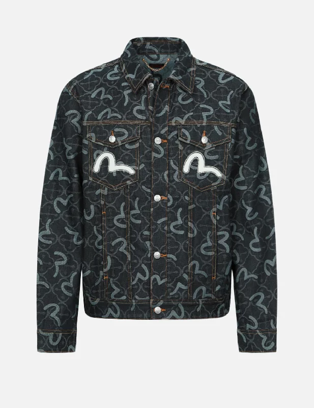 Allover Seagull and Kamon Jacquard Relax Fit Denim Jacket Youthful Men's Pop Youthful Men's Pop