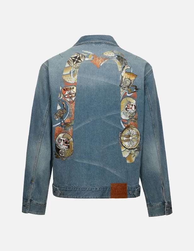 Hanafuda Daruma Daicock Embroidery Relax Fit Denim Jacket Unique Men's Patch Unique Men's Patch