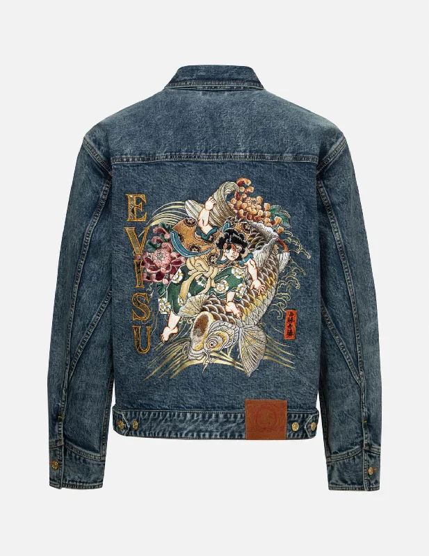 Kamon and Seagull Brocade Appliqué with Carp Embrodiery Relax Fit Denim Jacket Sophisticated Men's French Sophisticated Men's French