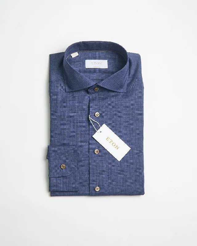 Mid Blue Check Merino Wool Contemporary Shirt Bohemian Men's Free Bohemian Men's Free