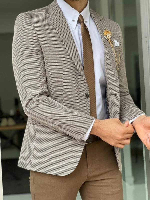 Lorelli Beige Slim Fit Peak Lapel Wool Blazer Gym Gym