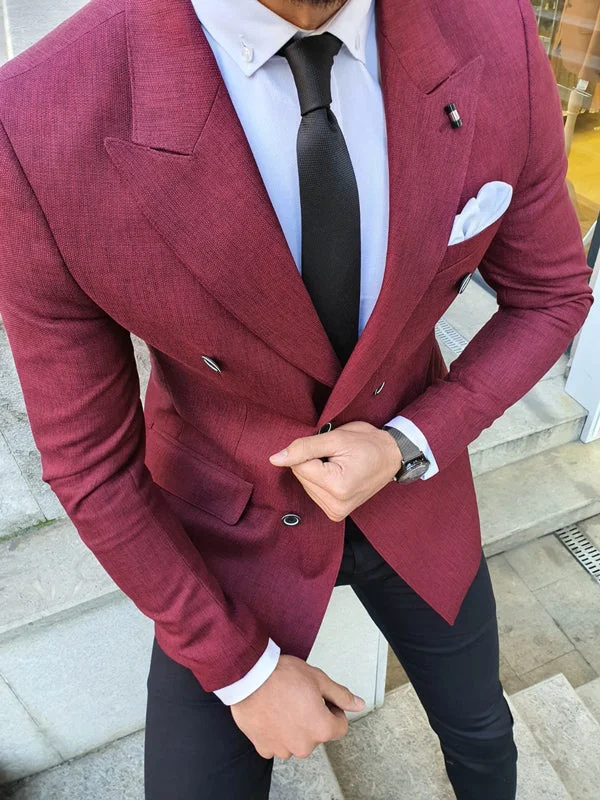 Richbaum Burgundy Slim Fit Double Breasted Blazer Stylish Men's Neon Stylish Men's Neon