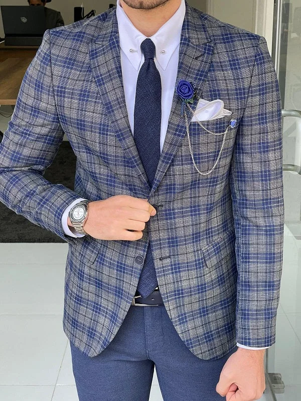 Bojo Blue Slim Fit Peak Lapel Plaid Linen Blazer Elegant Men's Formal  Elegant Men's Formal 