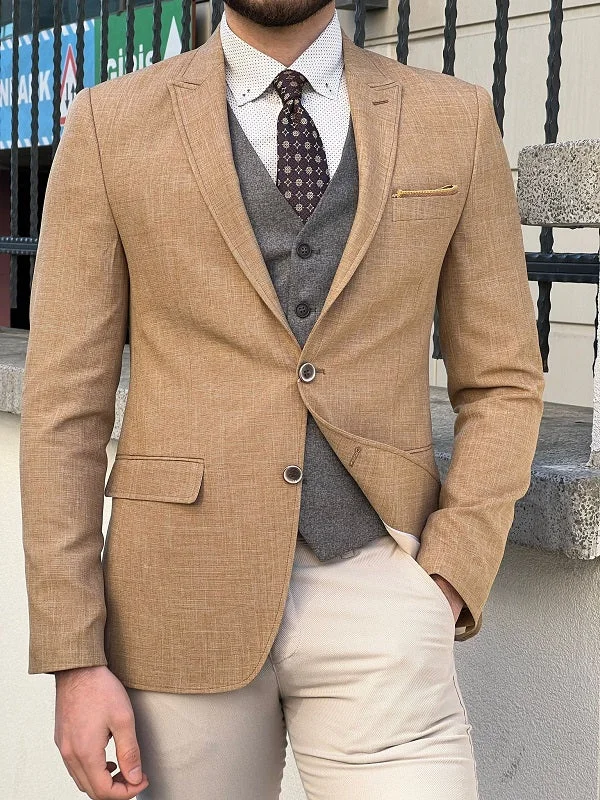 Bojoni Perris Mustard Slim Fit Peak Lapel Crosshatch Linen Blazer Masculine Men's Thick Masculine Men's Thick