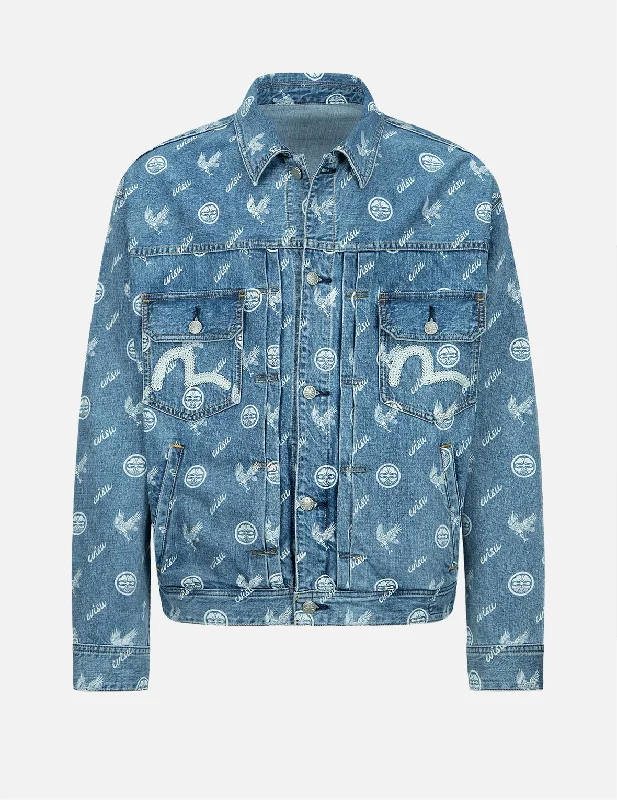 Eagle and Kamon Allover Discharged Print Denim Jacket Streetwear Style Streetwear Style