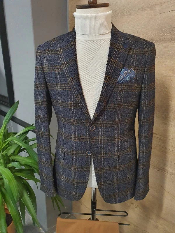 Lorelli  Blue Slim Fit Plaid Wool Blazer Street Street