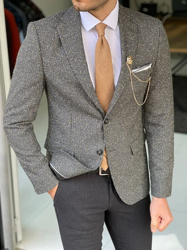 Bojo Gray Slim Fit Peak Lapel Patterned Wool Blazer Refined Men's Classic  Refined Men's Classic 