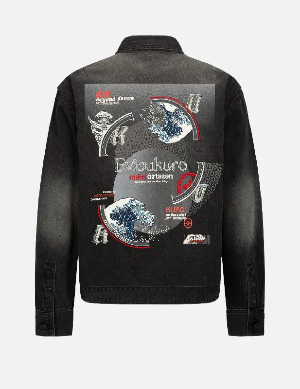 The Great Wave and Kamon Embroidery Denim Shirt Jacket Practical Men's Quick Practical Men's Quick