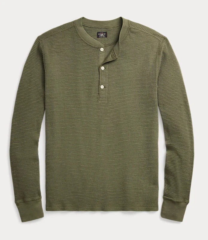 Double RL - Garment-Dyed Waffle-Knit Henley Shirt in Olive Modern Men's Geometric Modern Men's Geometric