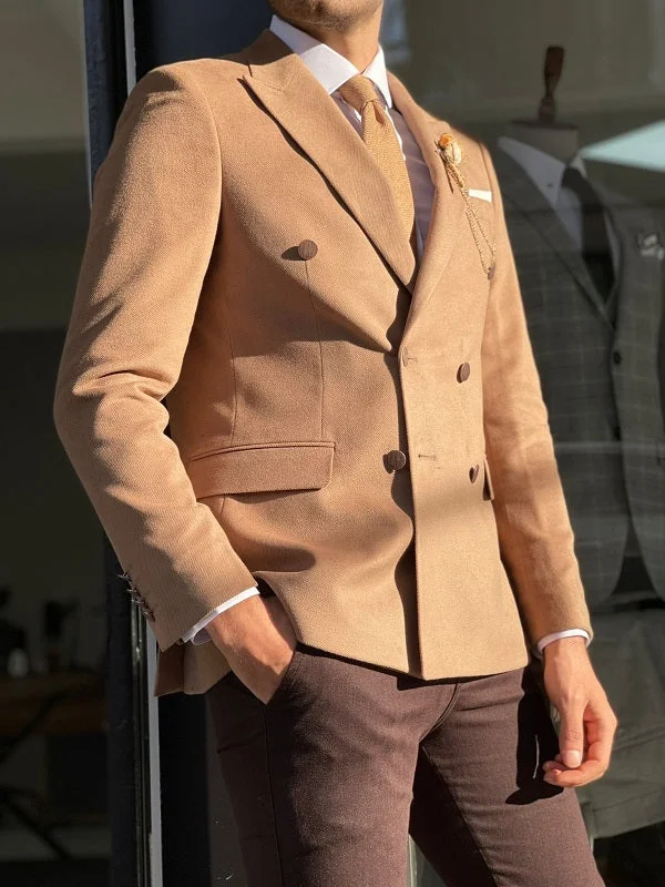 Bojo Beige Slim Fit Double Breasted Wool Blazer Sporty Men's Athleisure  Sporty Men's Athleisure 