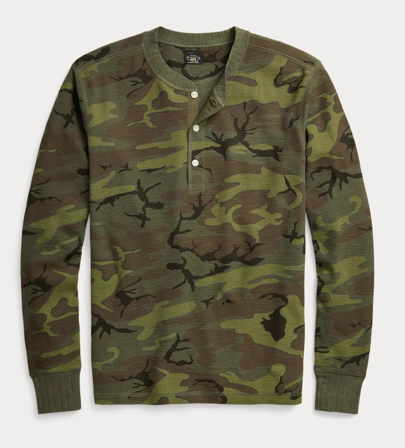 Double RL - Camo Waffle-Knit Henley Shirt in Camo/Olive Sleek Men's Metallic Sleek Men's Metallic