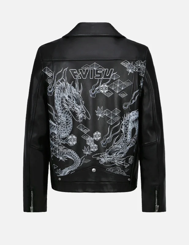 Dragon Print Leather Biker Jacket Sleek Men's Contemporary  Sleek Men's Contemporary 