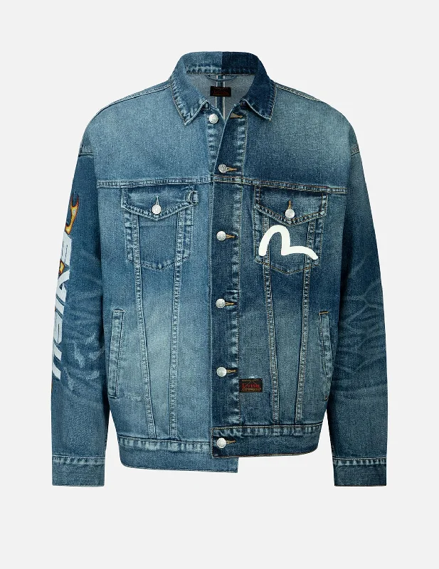 Flame Logo Embroidery Half & Half Denim Jacket Dynamic Men's Glow Dynamic Men's Glow