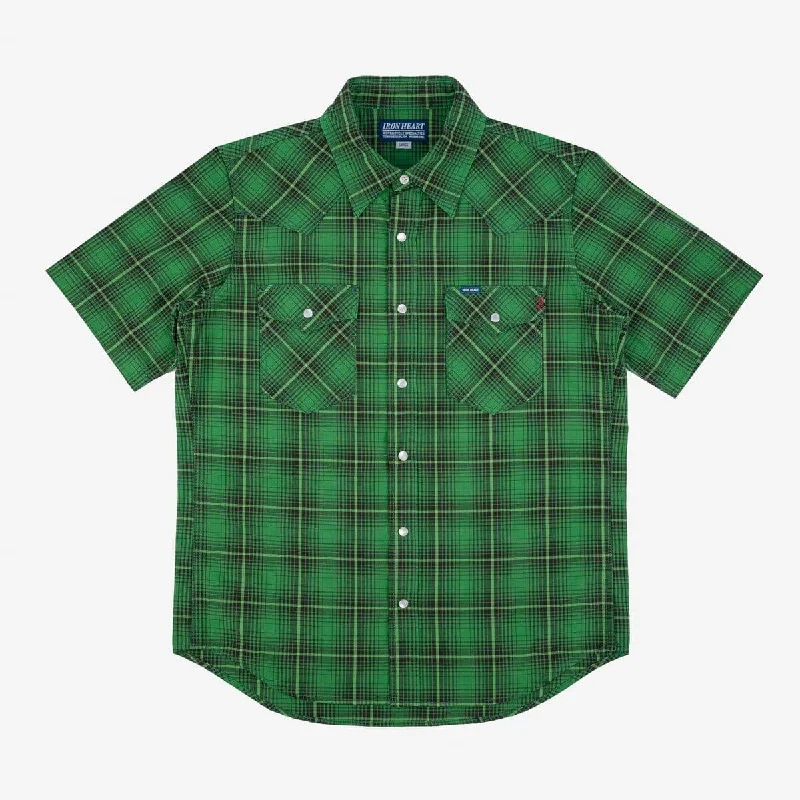 Iron Heart - IHSH-386-GRN - 5oz Selvedge Short Sleeved Western Shirt - Green Vintage Check Hip Men's Retro Hip Men's Retro