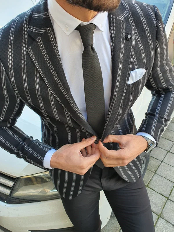 Richbaum Black Slim Fit Striped Blazer Sleek Men's Metallic Sleek Men's Metallic