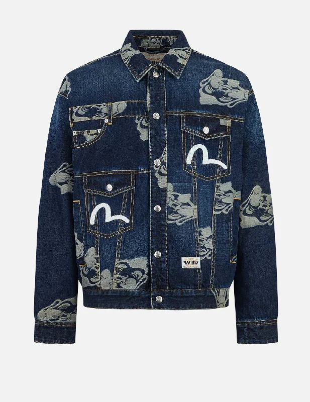 Allover Godhead Jacquard and Seagull Embroidery Loose Fit Deconstructive Denim Jacket Dynamic Men's Moto Dynamic Men's Moto