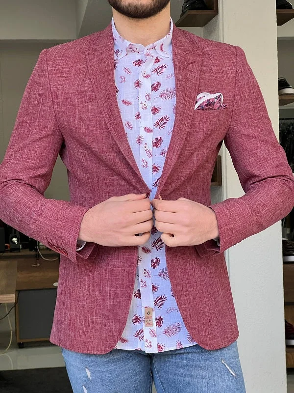 Bojoni Perris Red Slim Fit Peak Lapel Crosshatch Linen Blazer Sporty Men's Tennis Sporty Men's Tennis