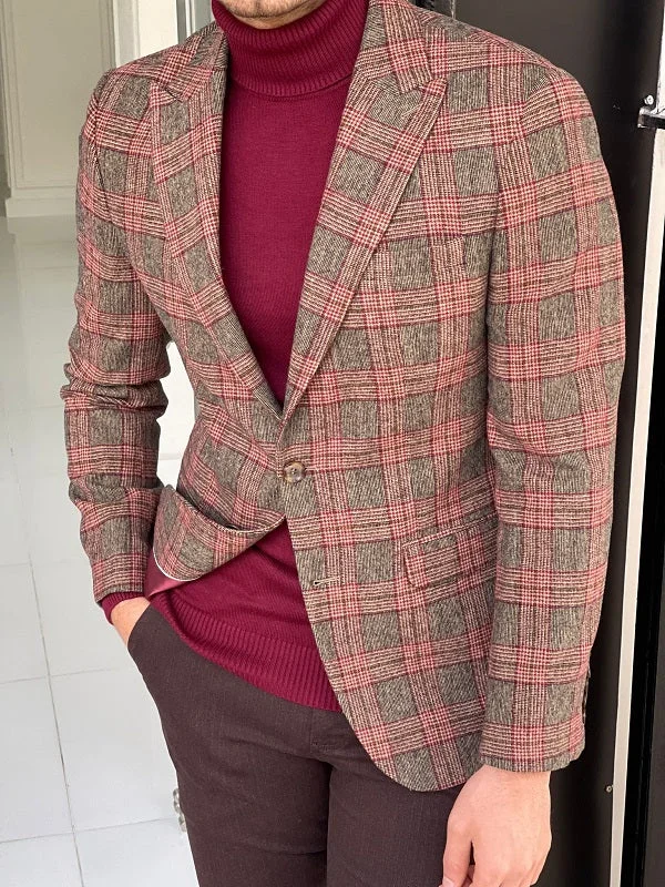 Bojo Burgundy Slim Fit Peak Lapel Wool Plaid Blazer British Gentleman Style British Gentleman Style