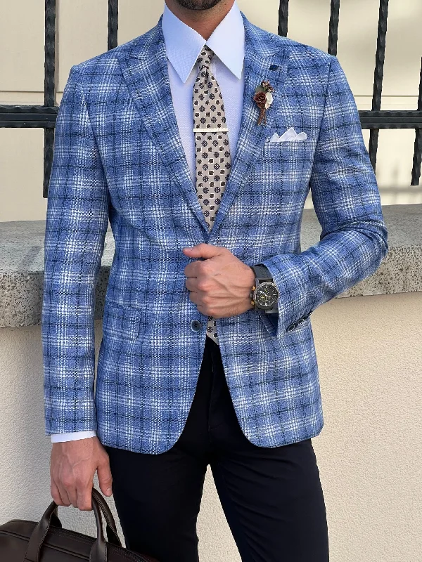 Bojoni Astoria Slim Fit High Quality Mono Collar Blue Plaid Woolen Blazer Stylish Men's Tropical  Stylish Men's Tropical 