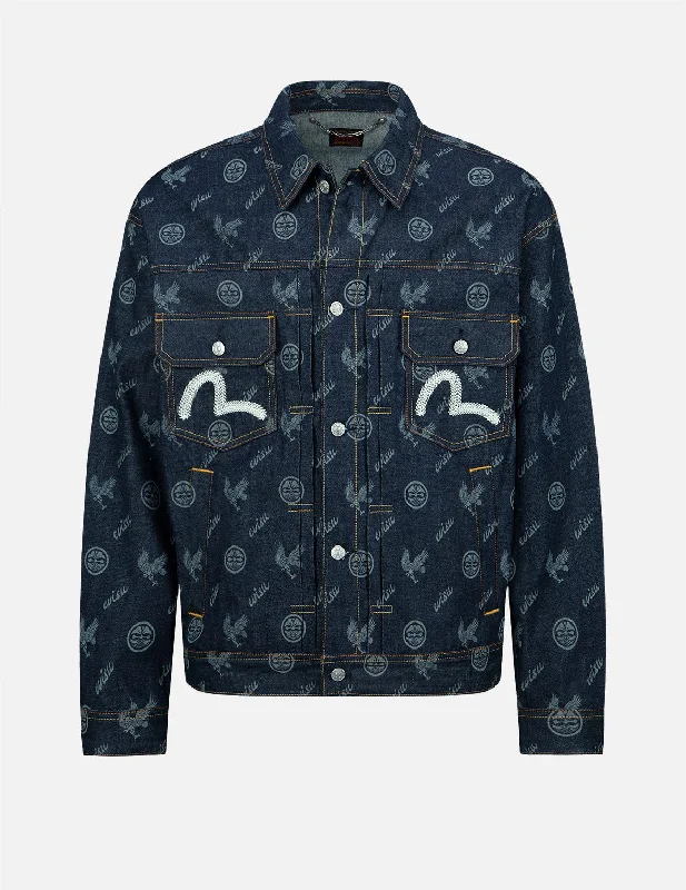 Eagle and Kamon Allover Discharged Print Denim Jacket Sophisticated Men's French Sophisticated Men's French