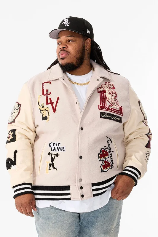 Big Men's Carpe Diem Varsity Jacket (Bone) Streetwear Style Streetwear Style