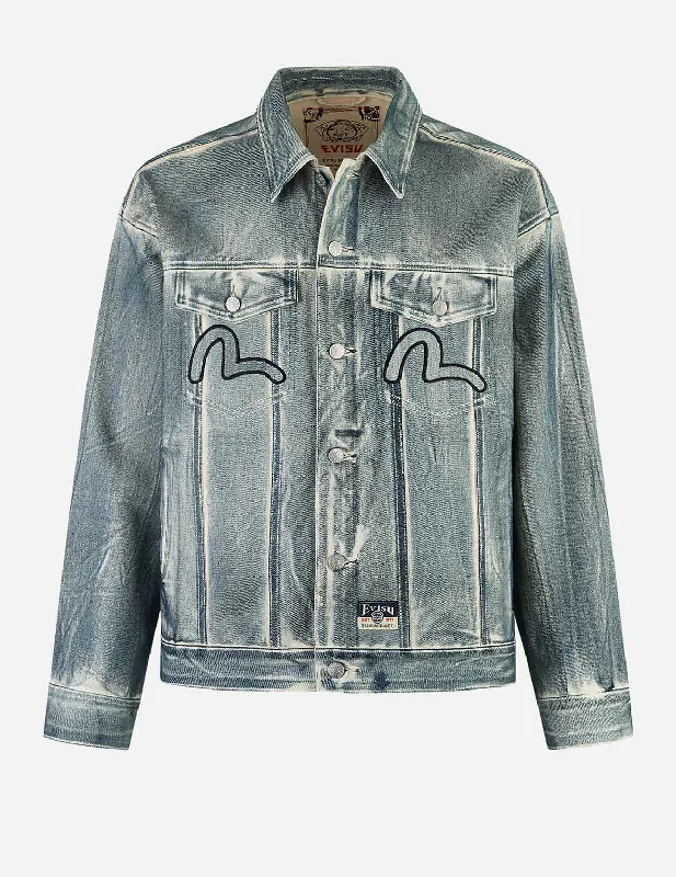 Kamon and Seagull Appliqué with Rubbing Print Fashion Fit Denim Jacket Bohemian Men's Free Bohemian Men's Free