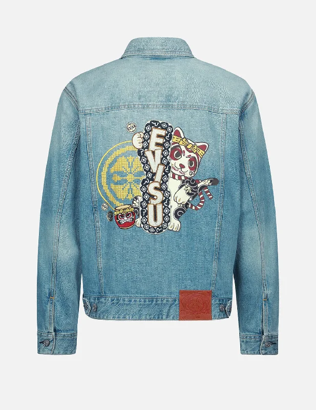 Kamon and Fortune Cat Embroidery Denim Jacket Tough Men's Tactical Tough Men's Tactical