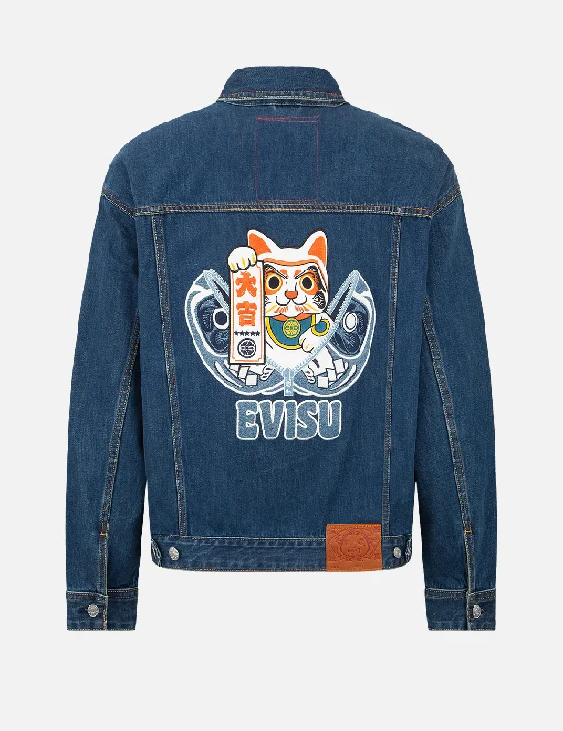 Zip-up Daruma and Fortune Cat Appliqué Denim Jacket Edgy Men's Punk Edgy Men's Punk