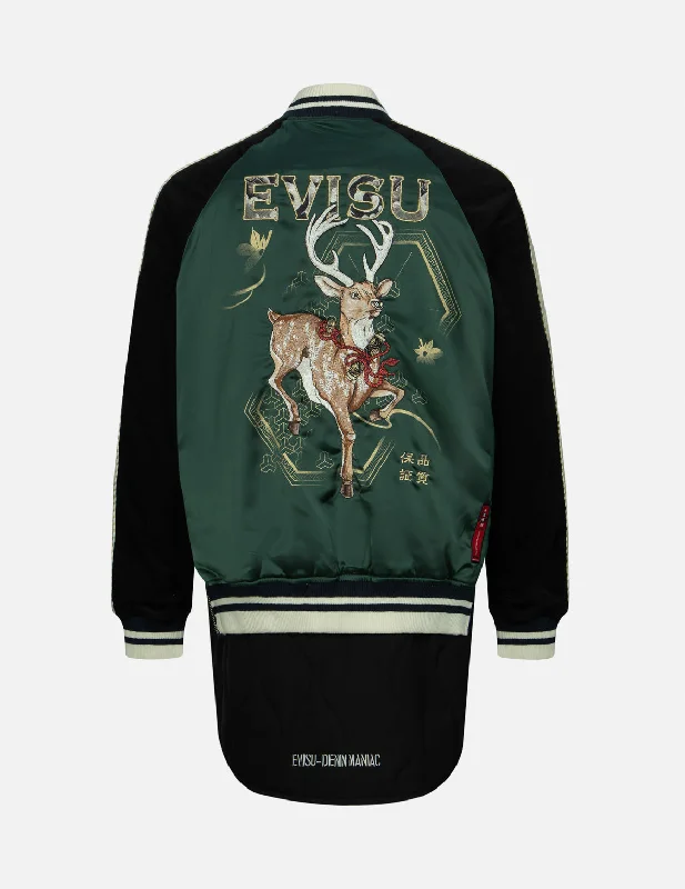 Rhinestone Patchwork Deer and Logo Embroidery Loose Fit Souvenir Jacket. Casual Men's Loose Casual Men's Loose