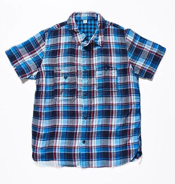 Pure Blue Japan - [SS-2217-1] Woven Double Gauze Check Short Sleeve Shirt - Indigo British Gentleman Style British Gentleman Style