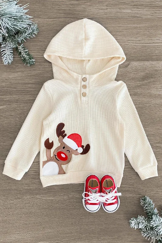 Cream Waffle Knit Reindeer Hoodie British Gentleman Style