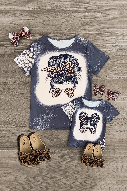 Mom & Me - Gray Leopard Girl Top Laid