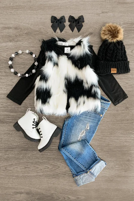 2 Piece - Black & White Fur Vest Set Preppy Men's College