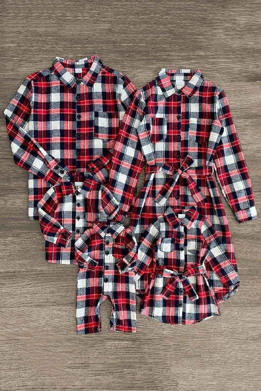 Red & Blue Plaid Family Shirt & Dress Elegant Men's Cashmere