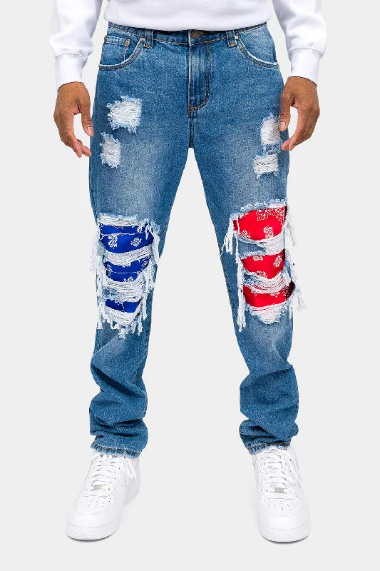 Bandana Distressed Blowout Loose Fit Denim Jeans Luxurious Men's High Luxurious Men's High