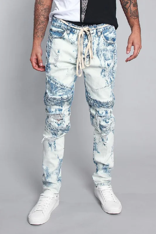 Bleached Moto Biker Denim Jeans Dynamic Men's High Dynamic Men's High