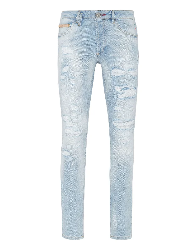 Denim Trousers Super Straight Cut Studs Monochromatic Office Style Monochromatic Office Style