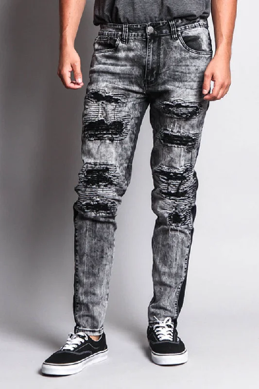 Destroyed Rip Illusion Moto Biker Jeans Modern Men's Geometric Modern Men's Geometric