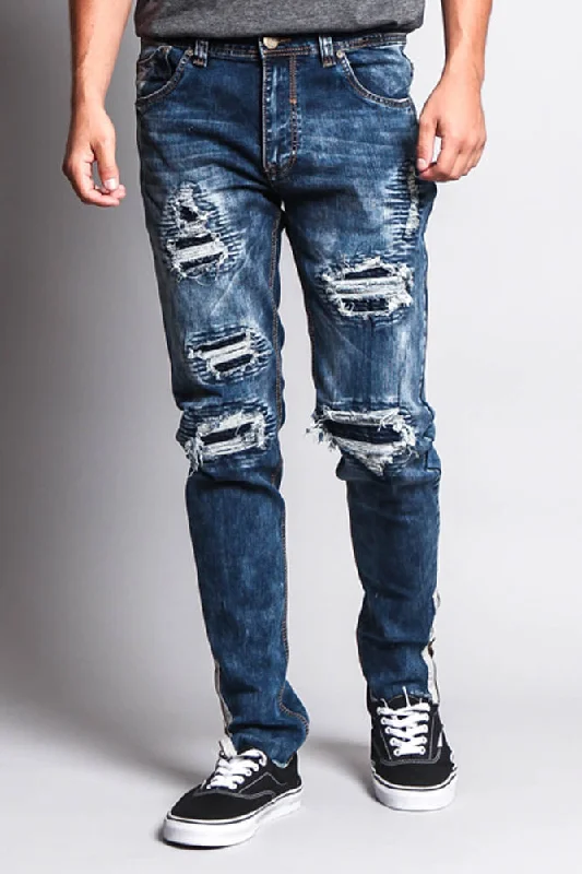 Destroyed Rip Illusion Moto Biker Jeans with Zipper Artistic Men's Hand Artistic Men's Hand