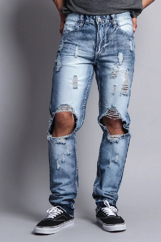 Distressed Knee Hole Slim Ripped Jeans Artistic Men's Hand Artistic Men's Hand