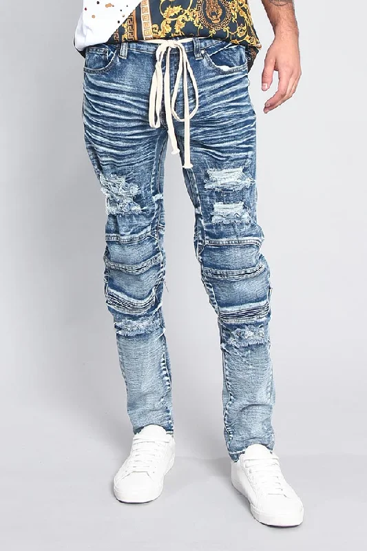 Distressed Moto Biker Denim Jeans Polished Men's Silk Polished Men's Silk