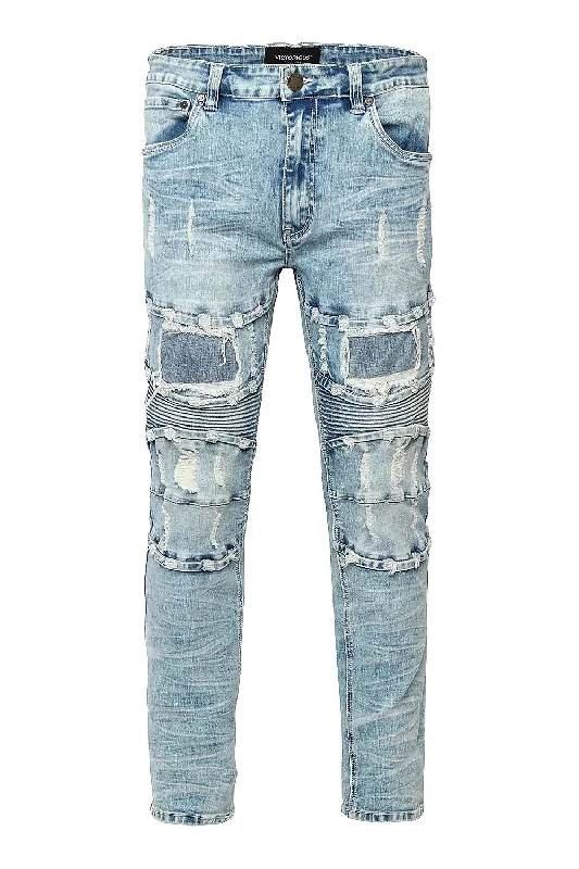 Distressed Stacked Washed Biker Denim Jeans Preppy Men's College Preppy Men's College