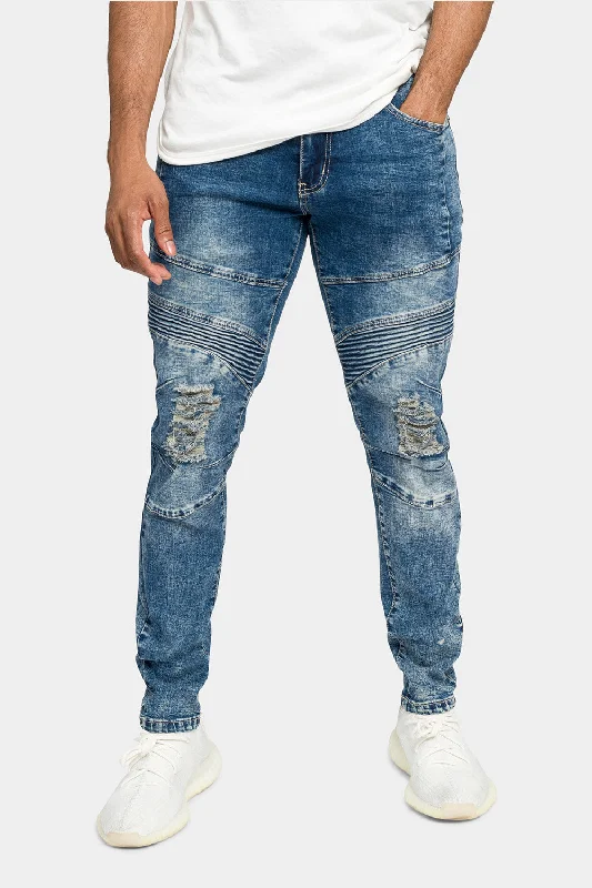 Distressed Stitch Stacked Moto Biker Jeans Polished Men's Silk Polished Men's Silk