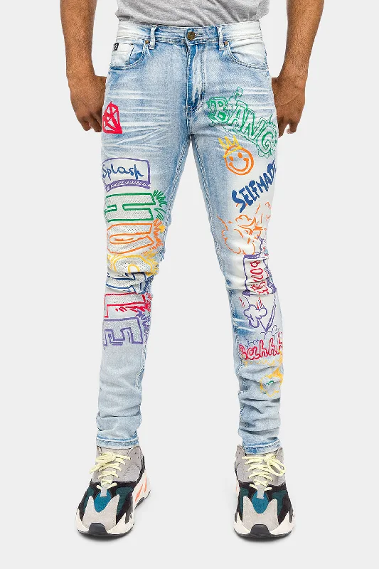 Graffiti Faded Washed Denim Jeans Relaxed Men's Australian  Relaxed Men's Australian 