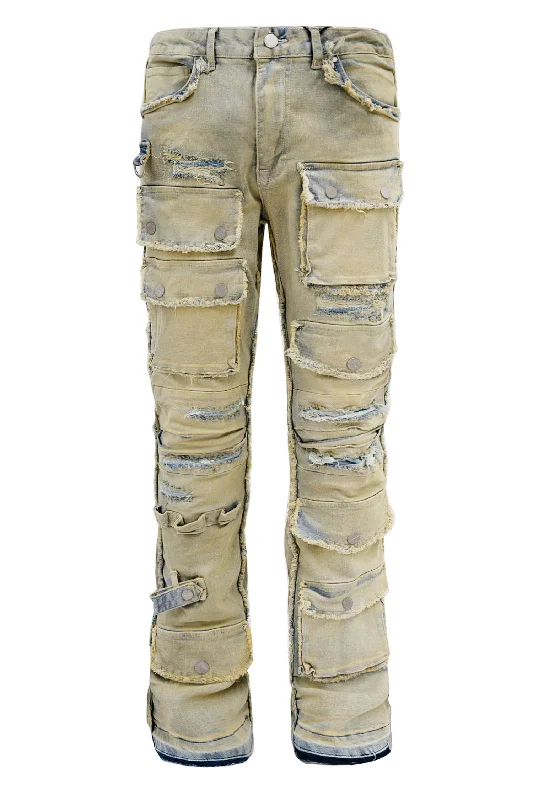 Men's Distressed Edge Cut Slim Stack Flared Cargo Jeans Monochromatic Office Style Monochromatic Office Style