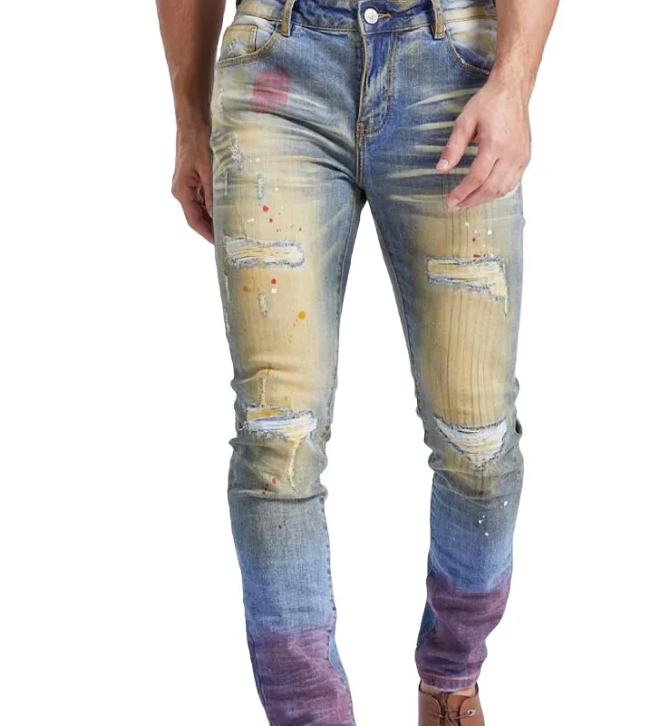 Men's Rip And Repair Splattered Washed Jeans In Tint Blue British Gentleman Style British Gentleman Style