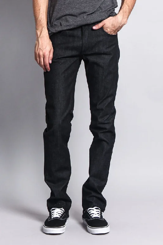 Men's Skinny Fit Raw Denim Jeans (Black) Street Street